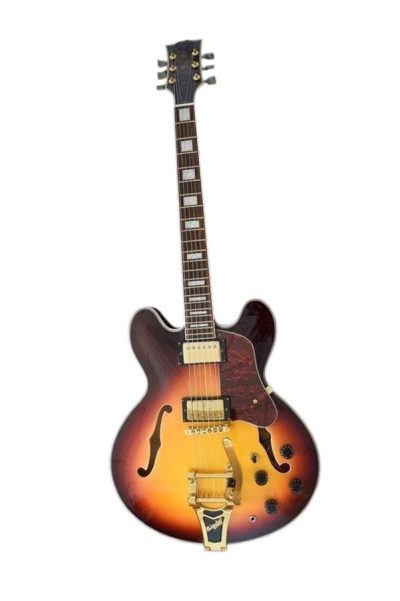 Custom Crown ES335 Bigsby Vibrato Tailpiece Vintage Sunburst Semi Hollow Jazz Fhole Guitar - Image 3