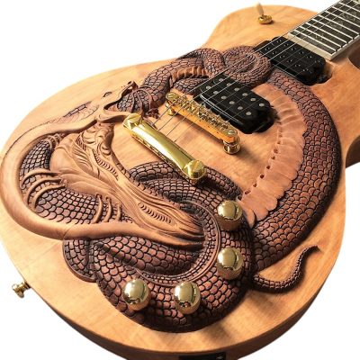 Custom Crown Dragon Snake Carved Natural Guitar - Image 5