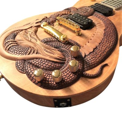 Custom Crown Dragon Snake Carved Natural Guitar - Image 9