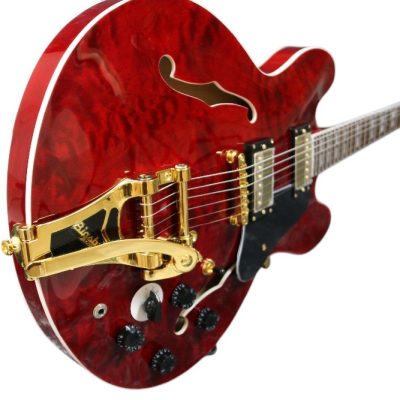 Custom Crown Cherry Red Quilted Maple Top Tremolo Fhole Semi Hollow ES335 Guitar - Image 5