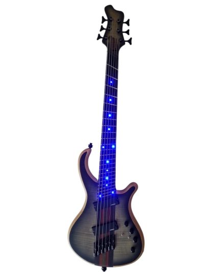 Custom Onyx Patriot Gray Flame Maple 6 String Bass Multi Scale Fanned Fret LED Light