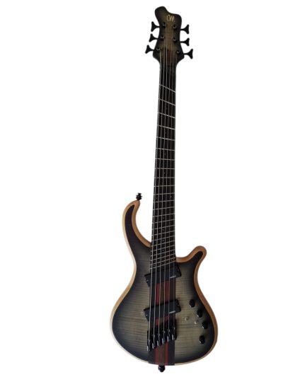 Custom Onyx Patriot Gray Flame Maple 6 String Bass Multi Scale Fanned Fret LED Light - Image 2