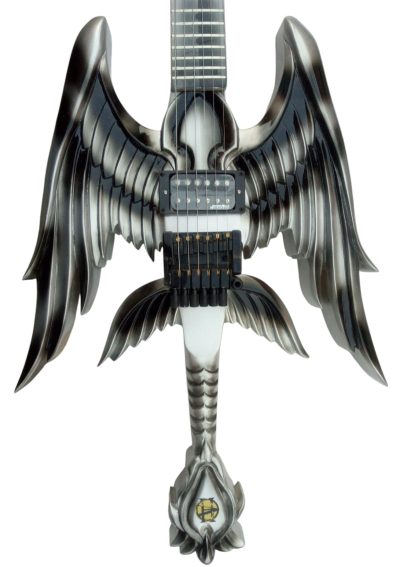 Custom Obsidian Angel Sword Alfee Silver Toshihiko Carved Headless Guitar