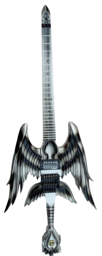 Custom Obsidian Angel Sword Alfee Silver Toshihiko Carved Headless Guitar - Image 2