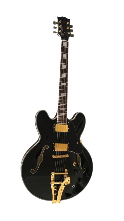 Custom Crown ES335 Bigsby Vibrato Tailpiece Black Semi Hollow Jazz Fhole Guitar - Image 2