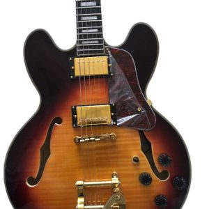 Custom Crown ES335 Bigsby Vibrato Tailpiece Tiger Maple Top Sunburst Semi Hollow Jazz Fhole Guitar