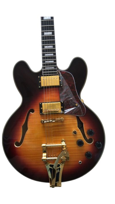 Custom Crown ES335 Bigsby Vibrato Tailpiece Tiger Maple Top Sunburst Semi Hollow Jazz Fhole Guitar