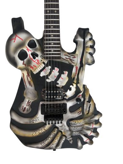 Custom Obsidian George White Skull And Bones Hand Painted Carved Skeleton Guitar - Image 4
