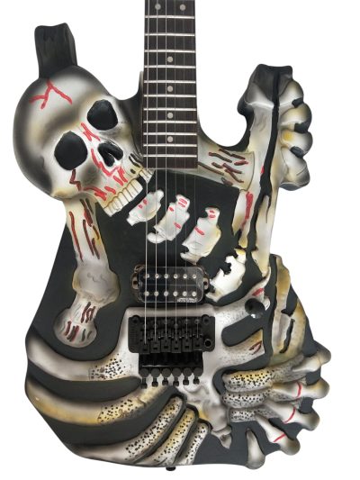 Custom Obsidian George White Skull And Bones Hand Painted Carved Skeleton Guitar