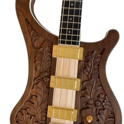 Custom Nova Lemmy Kilmister 4004 Satin Walnut Wood Carved Oak Leaves 4 String Bass