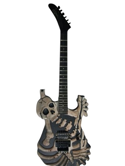 Custom Obsidian George Black Hand Painted Skull And Bones Carved Skeleton Guitar - Image 7