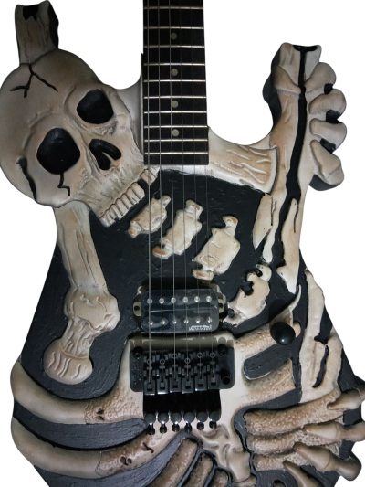 Custom Obsidian George Black Hand Painted Skull And Bones Carved Skeleton Guitar