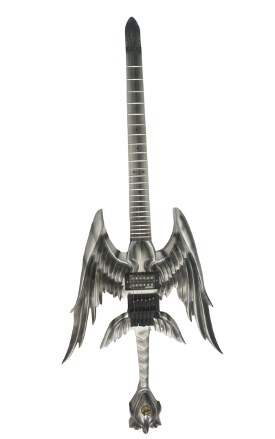 Custom Obsidian Hand Painted Angel Sword Alfee Silver Carved Engraved Guitar - Image 6