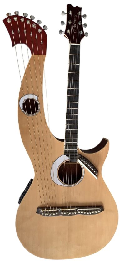 Custom Eclipse Harp Double Neck Brown Headstock Finish 6 String Acoustic Guitar 6 Sting Harp