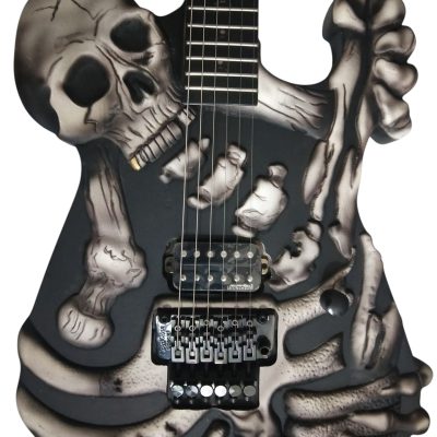 Custom Obsidian George Black Gray Finish Hand Painted Skull And Bones Carved Skeleton Guitar