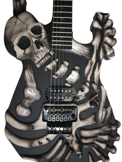 Custom Obsidian George Black Gray Finish Hand Painted Skull And Bones Carved Skeleton Guitar