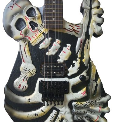 Custom Obsidian George Lynch White Skull And Bones Hand Painted Carved Skeleton Guitar