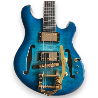Custom Vesper Languedoc Region Fhole Bigsby Transparent Blue Spalted Maple Bracing Inside Electric Guitar