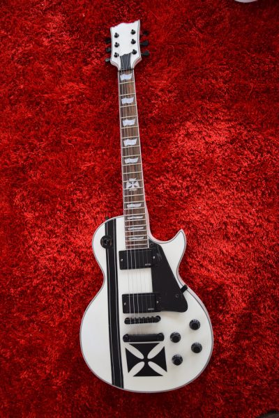 Custom Obsidian James Iron Metal Cross Snow White Black Stripes Guitar - Image 10