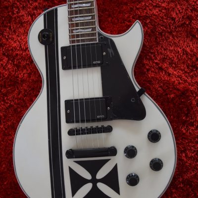 Custom Obsidian James Iron Metal Cross Snow White Black Stripes Guitar - Image 11