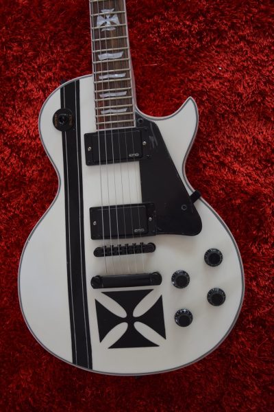 Custom Obsidian James Iron Metal Cross Snow White Black Stripes Guitar - Image 11