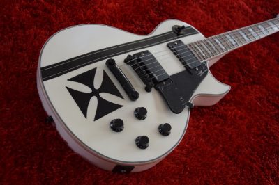 Custom Obsidian James Iron Metal Cross Snow White Black Stripes Guitar - Image 13