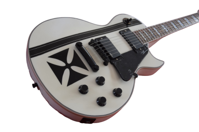 Custom Obsidian James Iron Metal Cross Snow White Black Stripes Guitar - Image 3