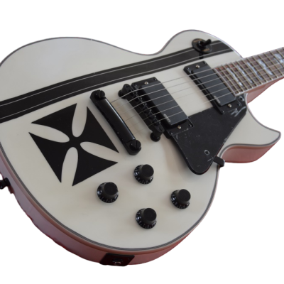Custom Obsidian James Iron Metal Cross Snow White Black Stripes Guitar - Image 3