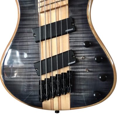 Custom Onyx Patriot Translucent Charcoal Burst Flamed Maple 6 String Bass Multi Fanned Fret