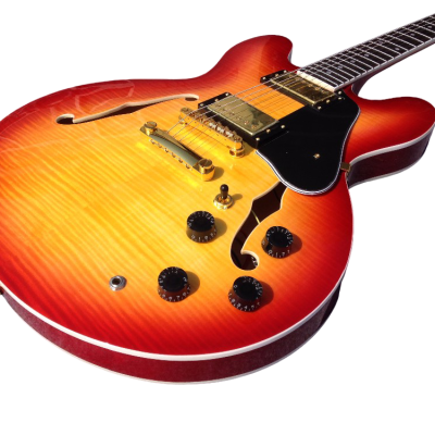 Custom Crown ES335 Semi Hollow Body Figured Cherry Sunburst Fhole Guitar - Image 4
