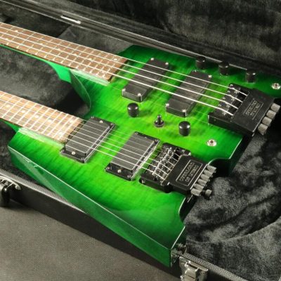 Custom Diplomat Green Burst Double Neck Headless 4 String Bass Neck 6 String Guitar Neck - Image 4