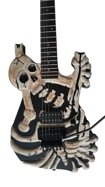 Custom Obsidian George Hand Painted Skull And Bones Carved Skeleton Guitar