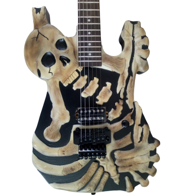 Custom Obsidian George Gray White Brownish Finish Hand Painted Skull And Bones Carved Skeleton Guitar JFrog