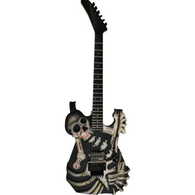 Custom Obsidian George Hand Painted Red Yellow Finish Skull And Bones Carved Skeleton Guitar JFrog - Image 3