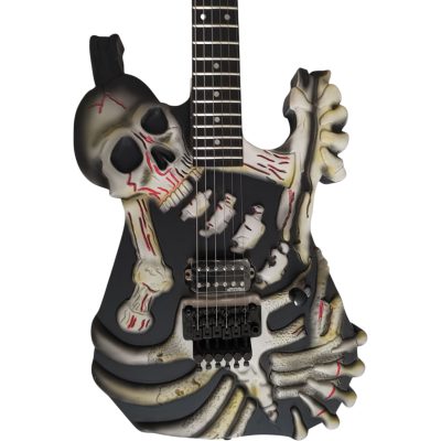 Custom Obsidian George Hand Painted Red Yellow Finish Skull And Bones Carved Skeleton Guitar JFrog