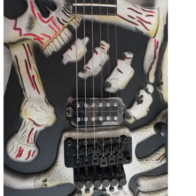 Custom Obsidian George Hand Painted Red Yellow Finish Skull And Bones Carved Skeleton Guitar JFrog - Image 5