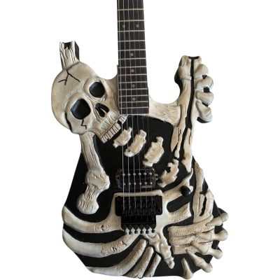 Custom Obsidian George White Brownish Hand Painted Skull And Bones Carved Skeleton Guitar JFrog