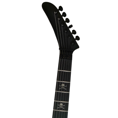 Custom Obsidian George Gray Black White Finish Hand Painted Skull And Bones Carved Skeleton Guitar JFrog - Image 2