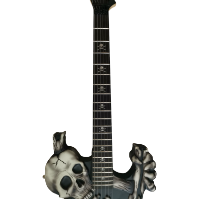 Custom Obsidian George Gray Black White Finish Hand Painted Skull And Bones Carved Skeleton Guitar JFrog - Image 3
