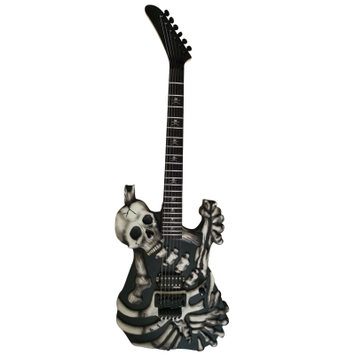 Custom Obsidian George Gray Black White Finish Hand Painted Skull And Bones Carved Skeleton Guitar JFrog