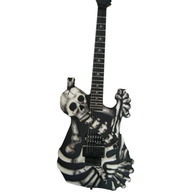 Custom Obsidian George Gray Black White Finish Hand Painted Skull And Bones Carved Skeleton Guitar