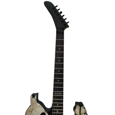 Custom Obsidian George Gray White Brown Finish Hand Painted Skull And Bones Carved Skeleton Guitar JFrog - Image 5