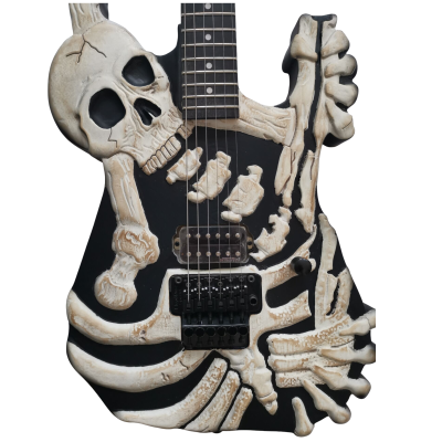 Custom Obsidian George Gray White Brown Finish Hand Painted Skull And Bones Carved Skeleton Guitar JFrog