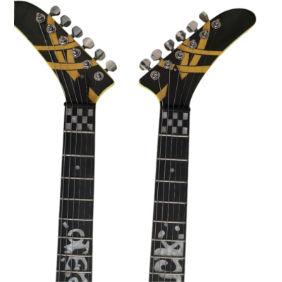 Custom Cinder Rick Nielson Uncle Dick Double Neck Checkerboard Yellow Graphic Guitar - Image 4