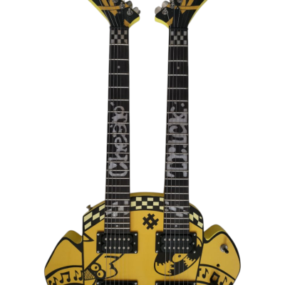 Custom Cinder Rick Nielson Uncle Dick Double Neck Checkerboard Yellow Graphic Guitar - Image 6