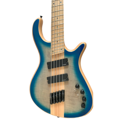 Custom Onyx Patriot Translucent Blue Burst Flamed Maple 5 String Bass Multi Fanned Fret