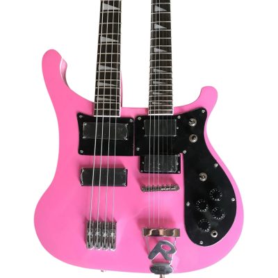 Custom Nova 4080 Geddy Lee Double Neck Pink 4 String Bass 6 String Guitar Black Pickguard