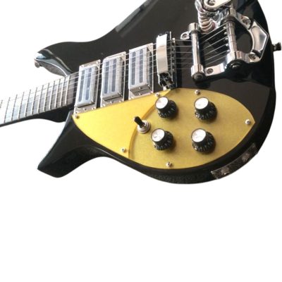 Custom Nova Left Handed Jetglo Black 325 Gold Pickguard Lennon 6 String Guitar Bigsby Tremolo - Image 3