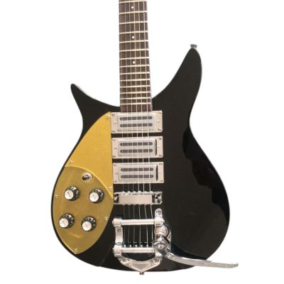 Custom Nova Left Handed Jetglo Black 325 Gold Pickguard Lennon 6 String Guitar Bigsby Tremolo