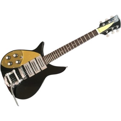Custom Nova Left Handed Jetglo Black 325 Gold Pickguard Lennon 6 String Guitar Bigsby Tremolo - Image 7